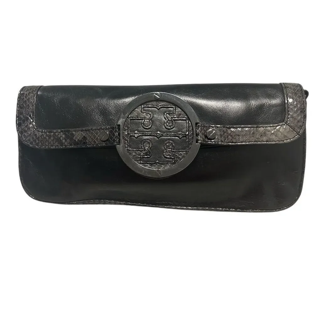 Tory Burch Women's Black Leather Clutch with Snakeskin Trim